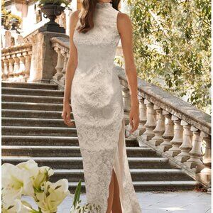 NEW Wedding dress lace high neck sleeveless train bridal gown full length